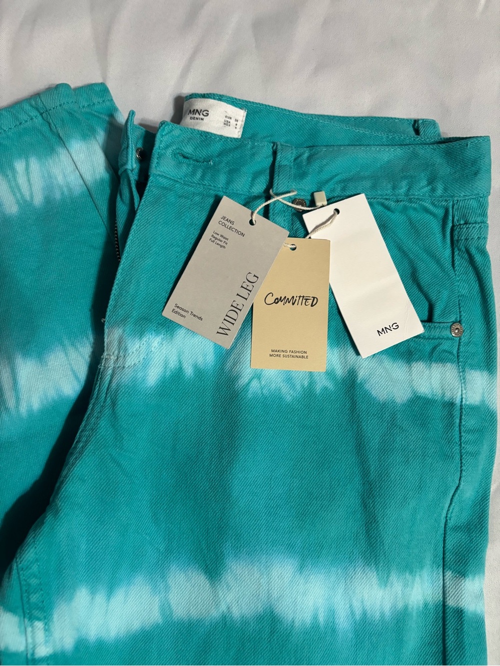 MNG Wide-Leg Tie-Dye Jeans in Teal & White